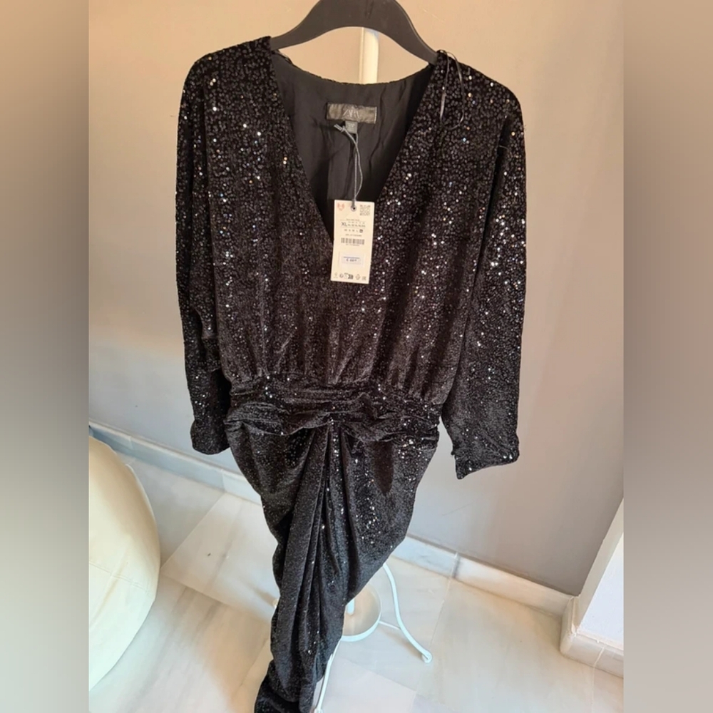 H&M Black Sequin Long-Sleeve Wrap-Style Evening Dress